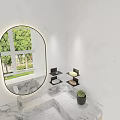 Bathroom Sink Area With Black Shelves Holding Soap Watch And Brush On Marble Countertop