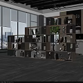 Room Divider Cabinet With Multiple Shelves Books Decorative Items And Green Plants In Modern Office