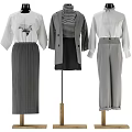 Fashion Models Wearing White Tops Grey Pleated Skirt Striped Top Black Skirt And Grey Trousers