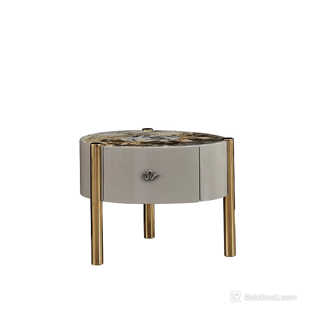 Modern Elegant Round Bedside Table With Gold Legs And Drawer 3d model 