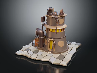 Steampunk Style Multi level Building With Metal Structure Stone Paved Base And Yellow Illuminated Windows 3d model