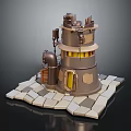 Steampunk Style Multi level Building With Metal Structure Stone Paved Base And Yellow Illuminated Windows 3d model