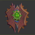 Decorative Shield Design With Spiked Edges Green Gem Center And Red Gold Details