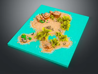 Cartoon Scenic Island Scene With Turquoise Water Beach Palm Trees Rocks And Green Plants 3d model