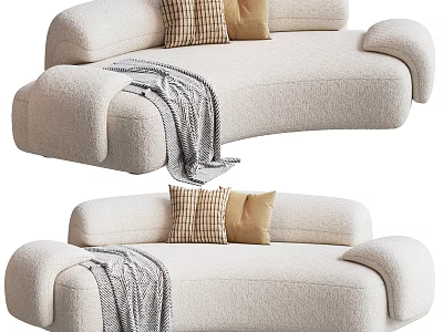 Modern Cozy Beige Sectional Sofa With Plush Shearling Upholstery Checkered Pillows And Knit Throw Blanket 3d model