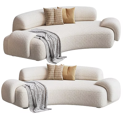 Modern Cozy Beige Sectional Sofa With Plush Shearling Upholstery Checkered Pillows And Knit Throw Blanket 3d model