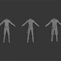 Silver Male Mannequins Standing With Various Styles Of Coats And Pants On White Background
