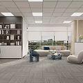 Public Office Space With Large Windows Recessed Lights Long Desk Computer Monitors Office Chairs And Gray Carpet