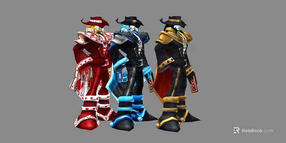 Three Game Movie Characters In Colorful Costumes With Red Blue Black Outfits And Decorative Hats 3d model 