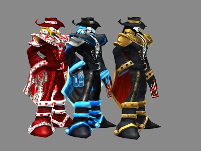 Three Game Movie Characters In Colorful Costumes With Red Blue Black Outfits And Decorative Hats 3d model