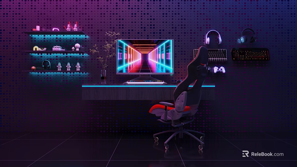 Modern Gaming Cafe Interior Featuring Neon Lights Ergonomic Chair Computer Headphones Keyboard And Decorative Figurines 3d model 