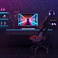 Modern Gaming Cafe Interior Featuring Neon Lights Ergonomic Chair Computer Headphones Keyboard And Decorative Figurines