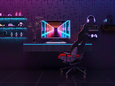 Modern Gaming Cafe Interior Featuring Neon Lights Ergonomic Chair Computer Headphones Keyboard And Decorative Figurines 3d model