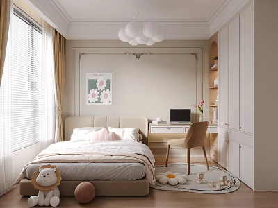 Kids Room Interior With Bed Desk Chair Toys Chandelier And Flower Painting 3d model