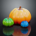Three Vibrant Orange Green And Blue Pumpkins on Black Background with Reflection