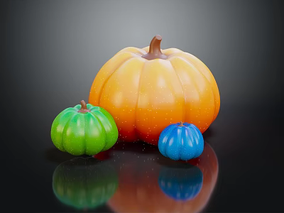 Three Vibrant Orange Green And Blue Pumpkins on Black Background with Reflection 3d model