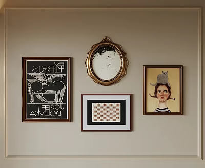 Stylish Photo Wall With Diverse Frames Portrait Art Checkerboard Design And Cat Hat Prints 3d model