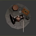 Game Movie Character With Red Hair Armor Shield By Wooden Crate Green Bottle And Stone