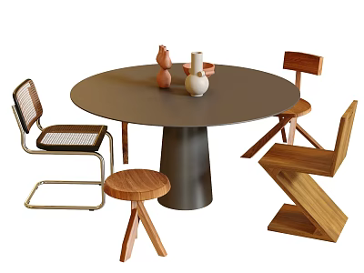 Round Dining Table Set With Dark Gray Top Black Legs Wooden Chairs And Decorative Items 3d model
