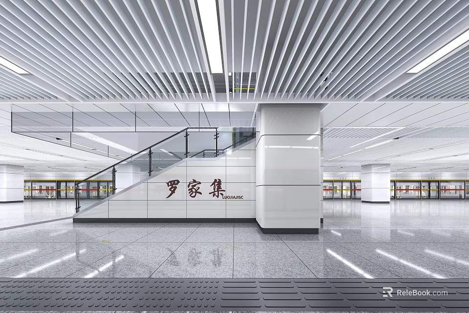 Modern Luojiaji Station Interior With White Pillars Strip Ceiling Lights And Staircase 3d model 