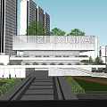 Modern Sales Office Building Architecture Featuring ZHONGHA Signage Illuminated Glass Facade and Surrounding Urban Greenery