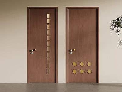 Modern Wooden Swing Doors With Rectangular Glass Inserts And Round Decorative Accents 3d model