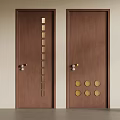 Modern Wooden Swing Doors With Rectangular Glass Inserts And Round Decorative Accents