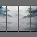 Four Panel Misty Mountain Landscape With Forested Trees And Flying Birds