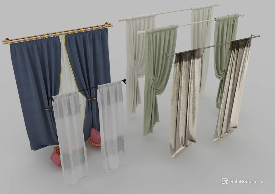 Navy Blue White Light Green Silver Curtains with Flowy Design in Various Hanging Styles 3d model 