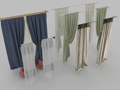 Navy Blue White Light Green Silver Curtains with Flowy Design in Various Hanging Styles 3d model