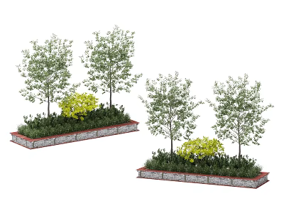 Garden Planting Beds With Tall Trees Yellow Shrubs And Stone Borders 3d model