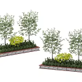 Garden Planting Beds With Tall Trees Yellow Shrubs And Stone Borders