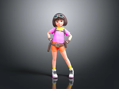 3D Girl Character Model In Pink Shirt Orange Shorts Goggles Brown Belt And White Sneakers 3d model