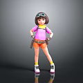 3D Girl Character Model In Pink Shirt Orange Shorts Goggles Brown Belt And White Sneakers