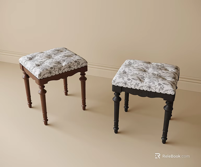 Two Stylish Stools With Patterned Cushion Tops And Brown Black Legs 3d model 