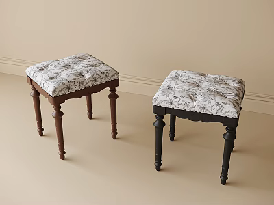 Two Stylish Stools With Patterned Cushion Tops And Brown Black Legs 3d model