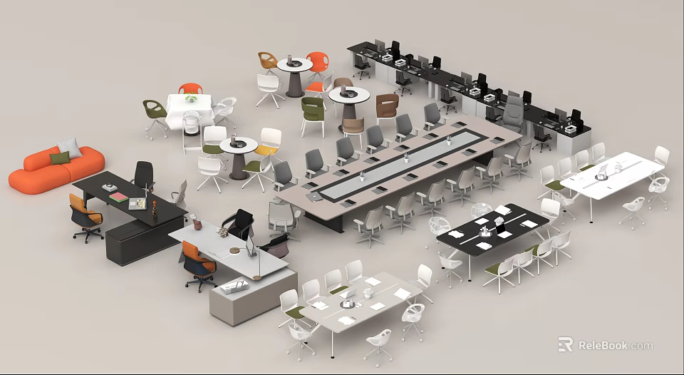 Office Desk Collection With Various Styles Office Chairs And Meeting Tables Layout 3d model 