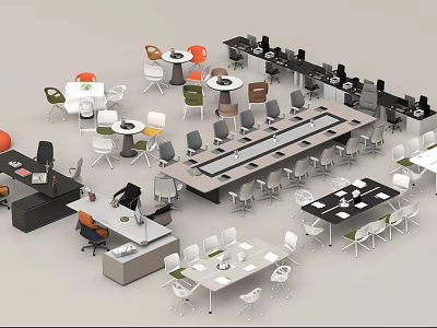 Office Desk Collection With Various Styles Office Chairs And Meeting Tables Layout 3d model