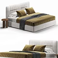 Double Bed with Upholstered Headboard Brown Cushions Gray Throw and Wooden Side Stool