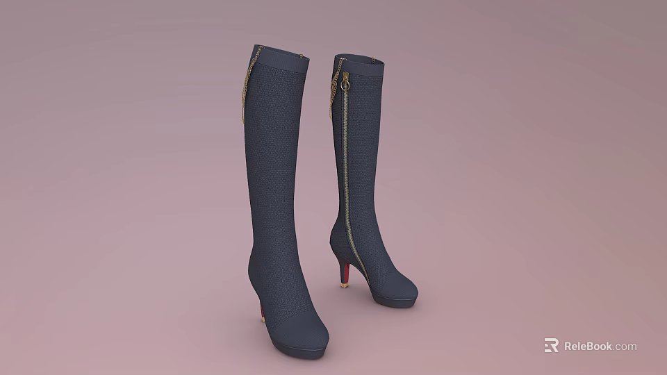 Dark Blue Tall Boots With Zipper Design And High Heel For Women Fashion 3d model 