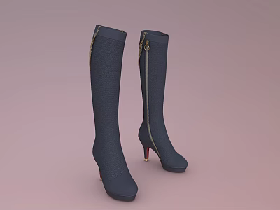 Dark Blue Tall Boots With Zipper Design And High Heel For Women Fashion 3d model