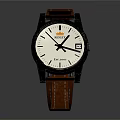 Classic Automatic Watch With White Dial Black Case And Brown Leather Strap 3d model