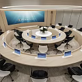 Modern Conference Room Interior With Round Table Laptops And Large Screen Lighting Design 3d model