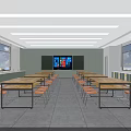 School Classroom Featuring Wooden Tables Orange Chairs Windows Storage Cabinets And Ceiling Lights