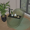 Green Transparent Bathtub with Black Tray Bath Products Potted Plant Green Mat and White Blinds
