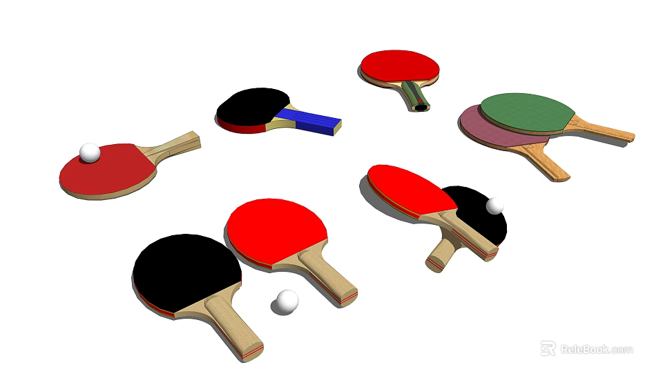 Sports Equipment With Red Black Green Table Tennis Rackets And White Balls 3d model 