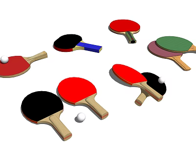 Sports Equipment With Red Black Green Table Tennis Rackets And White Balls 3d model