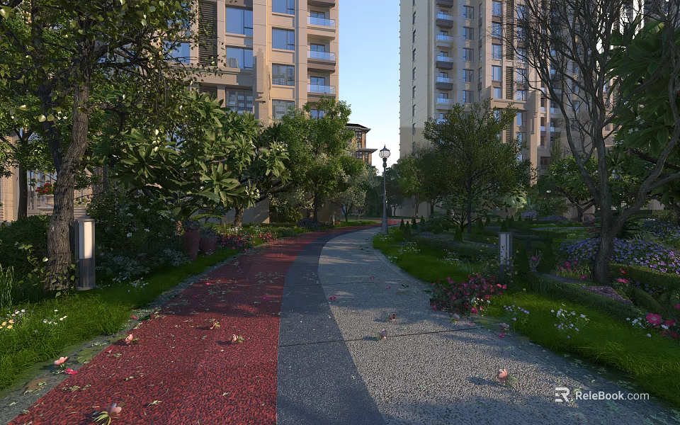 Urban Park Landscape With Red Gray Pathway Trees Flowers Lamp Posts And High Rise Buildings 3d model 