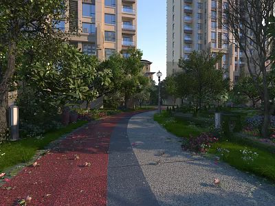 Urban Park Landscape With Red Gray Pathway Trees Flowers Lamp Posts And High Rise Buildings 3d model