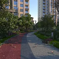 Urban Park Landscape With Red Gray Pathway Trees Flowers Lamp Posts And High Rise Buildings